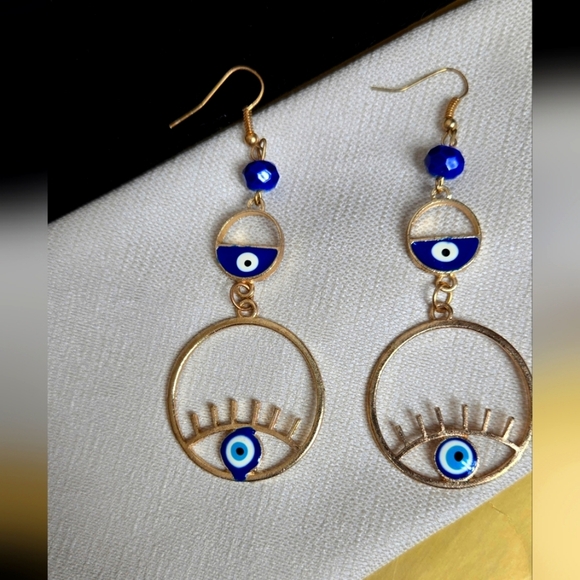Elegant Gold Tone Blue Evil Eye Earrings - Picture 10 of 15
